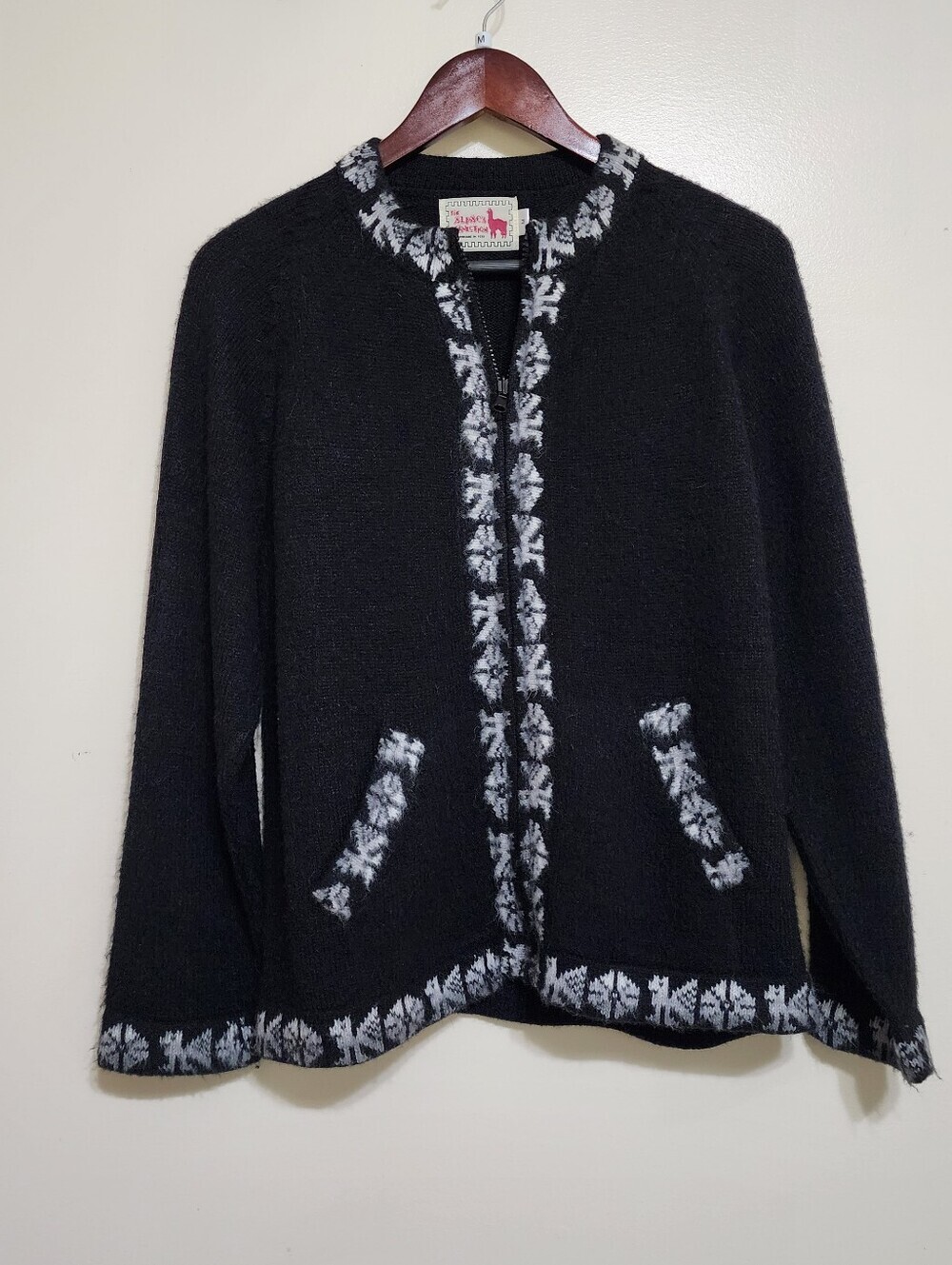 Alpaca Wool Sweater Cardigan Black White Peru Alpaca Connection Vintage S. Med